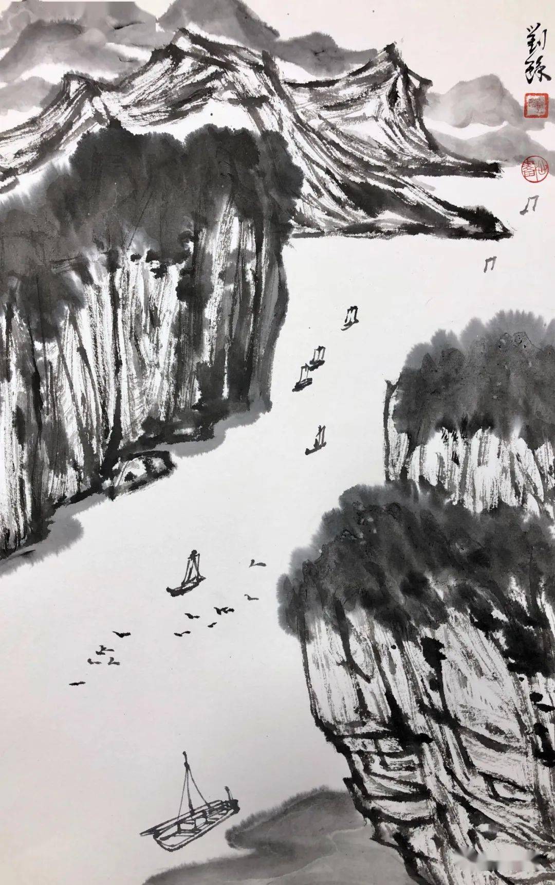 《江上行舟》2022年 33x60《华山水墨之一》2021年 33x60《华山水墨之