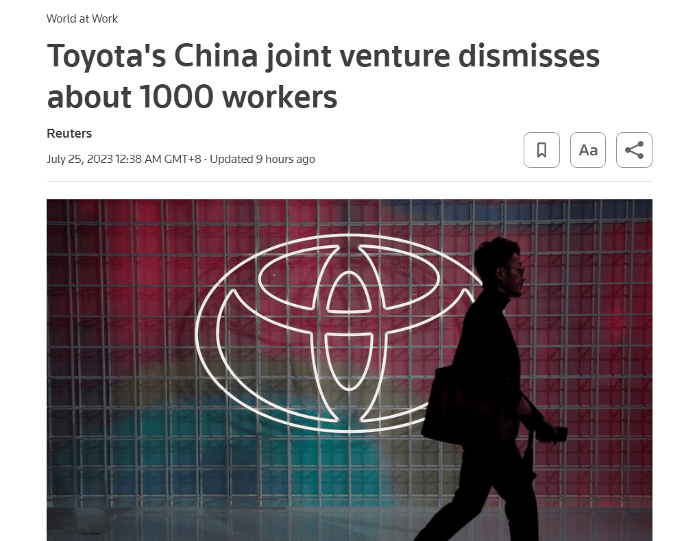 依据出产情况，广汽丰田已裁撤 1000 名劳务差遣职工