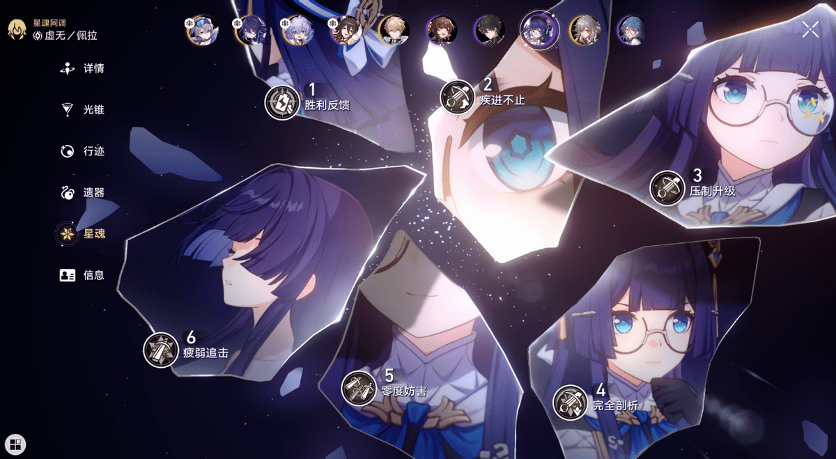 星魂(命座)光锥;遗器品质与搭配;行迹等级(技能);角色等级;一个角色的