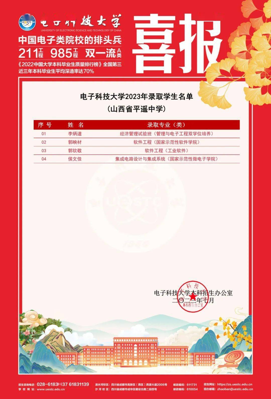 向平遥中学发来喜报!4名同学被录取!_来源_图片