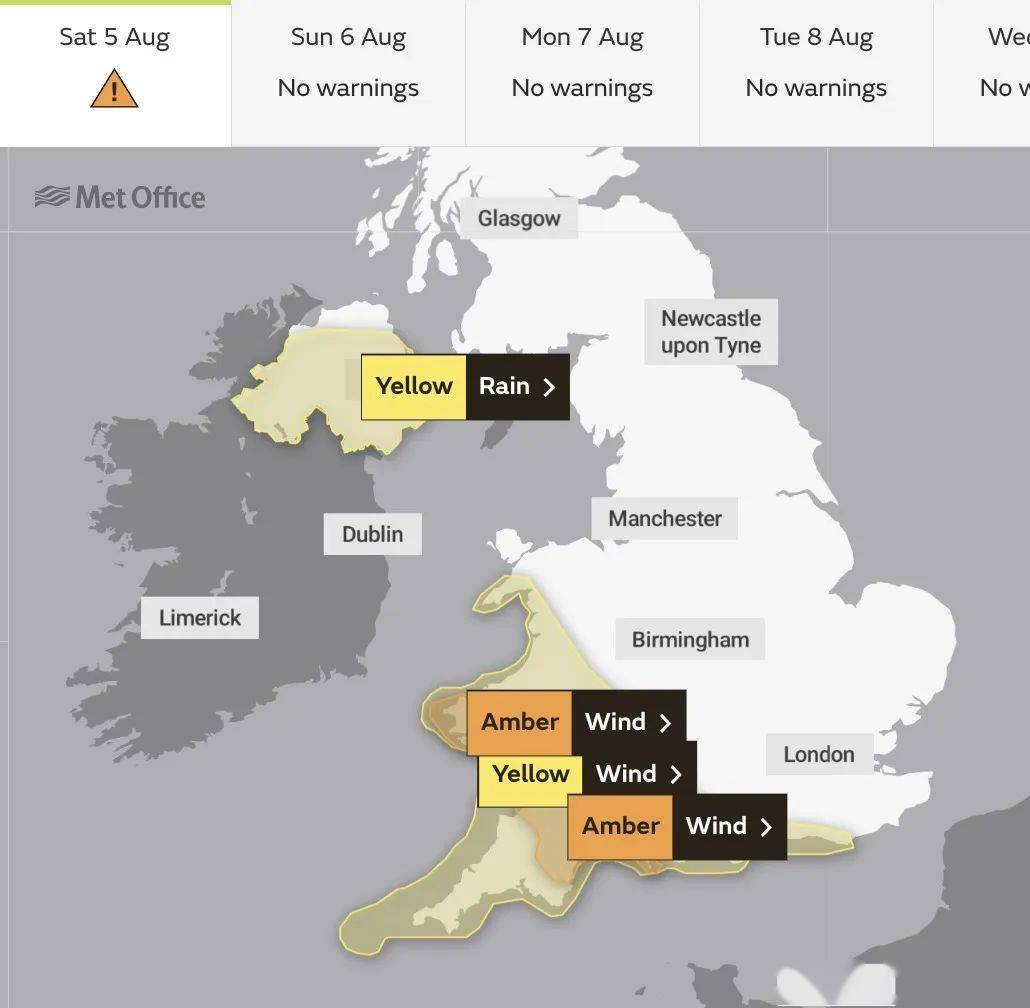 同时对英国南部地区发布大风黄色预警,从8:00至20:0