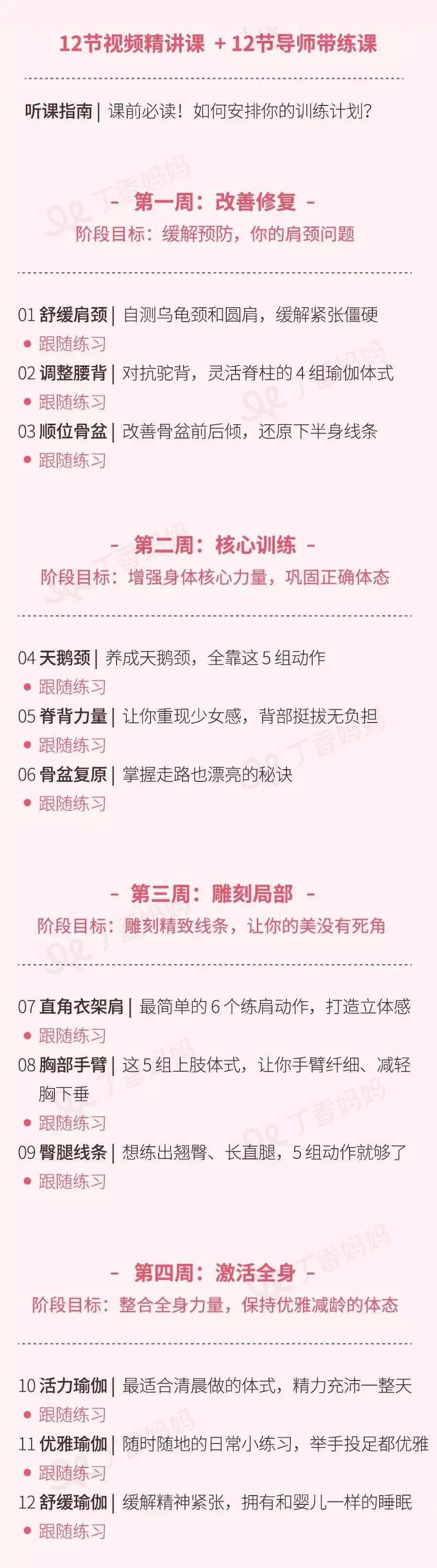 4 个局部:手臂,胸部,臀,腿3 个核心:肩颈,腰背,骨盆接下来就可以跟着