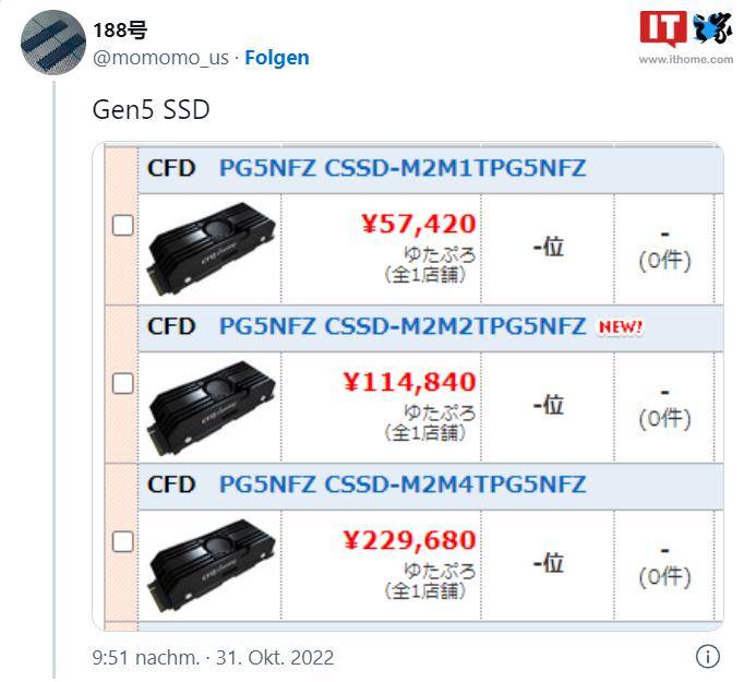 日本厂商CFD 的PCIe 5.0 SSD 售价曝光，1TB 约2800 元_手机搜狐网