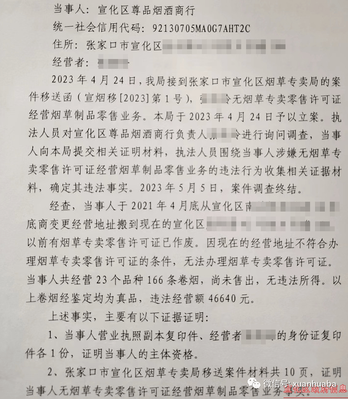 网曝!无证经营,宣化一烟酒商行被罚1万