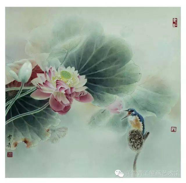 龚雪青工笔画,唯美精致,大赞!_瑞雪_翠鸟_荷塘