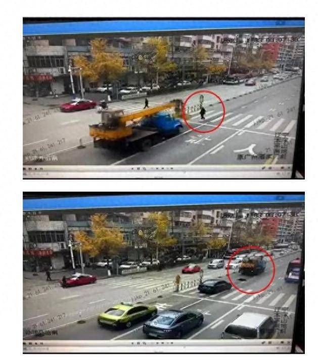 网传监控视频显示,11月3日8时07分,有行人在斑马线上过马路,一辆吊车