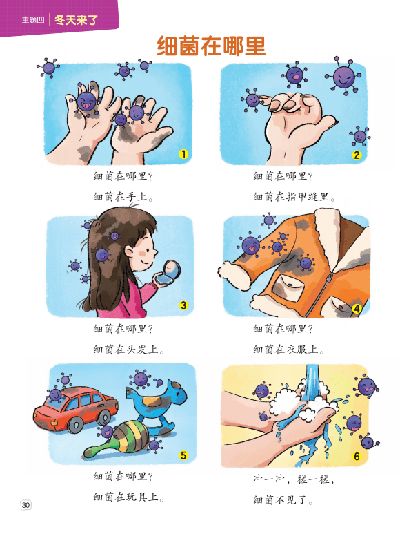 教师用材料:数字资源"细菌在哪里",挂图"细菌在哪里";自备洗手液.