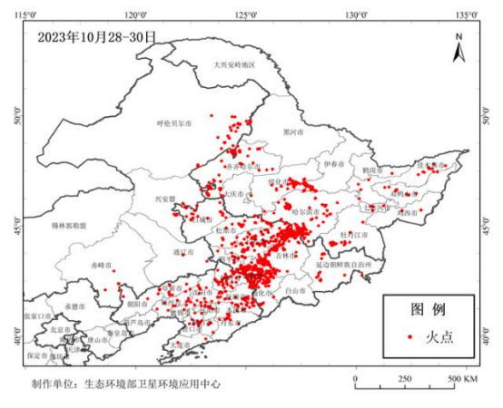 圖為 10月28—30日東北地區秸稈焚燒火點分佈圖圖為10月28日0時—31日