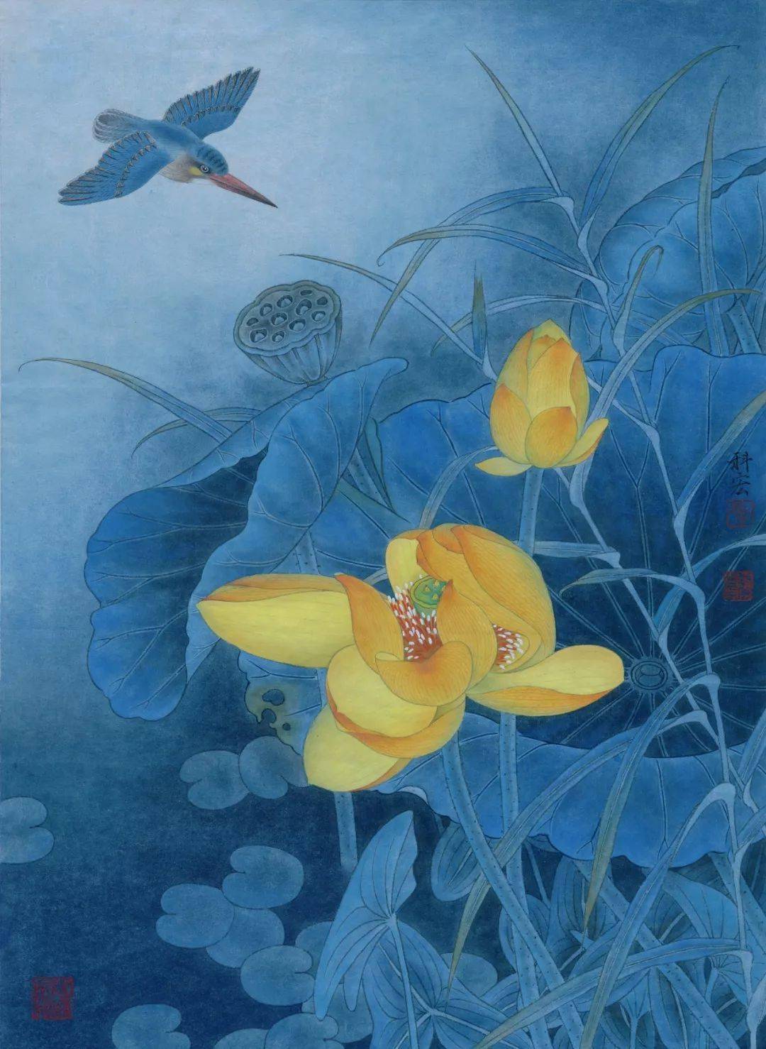 【国画教程】李科宏《黄荷蓝翠》步骤教程图!_荷花_翠鸟_莲蓬