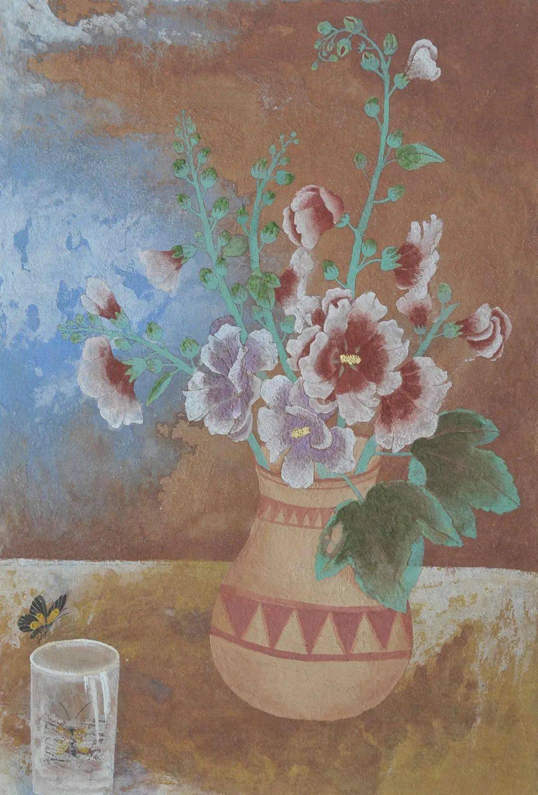 郝伟蜀葵岩彩45cm*68cm江涵笑花王岩彩45cm*68cm李婷花秋染太行岩彩