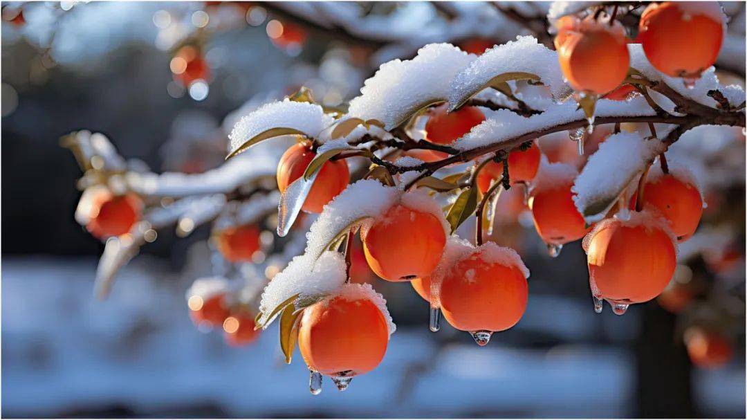 近日,夏津县一场大雪过后,树上未采摘的柿子被冰雪覆盖,格外好看.