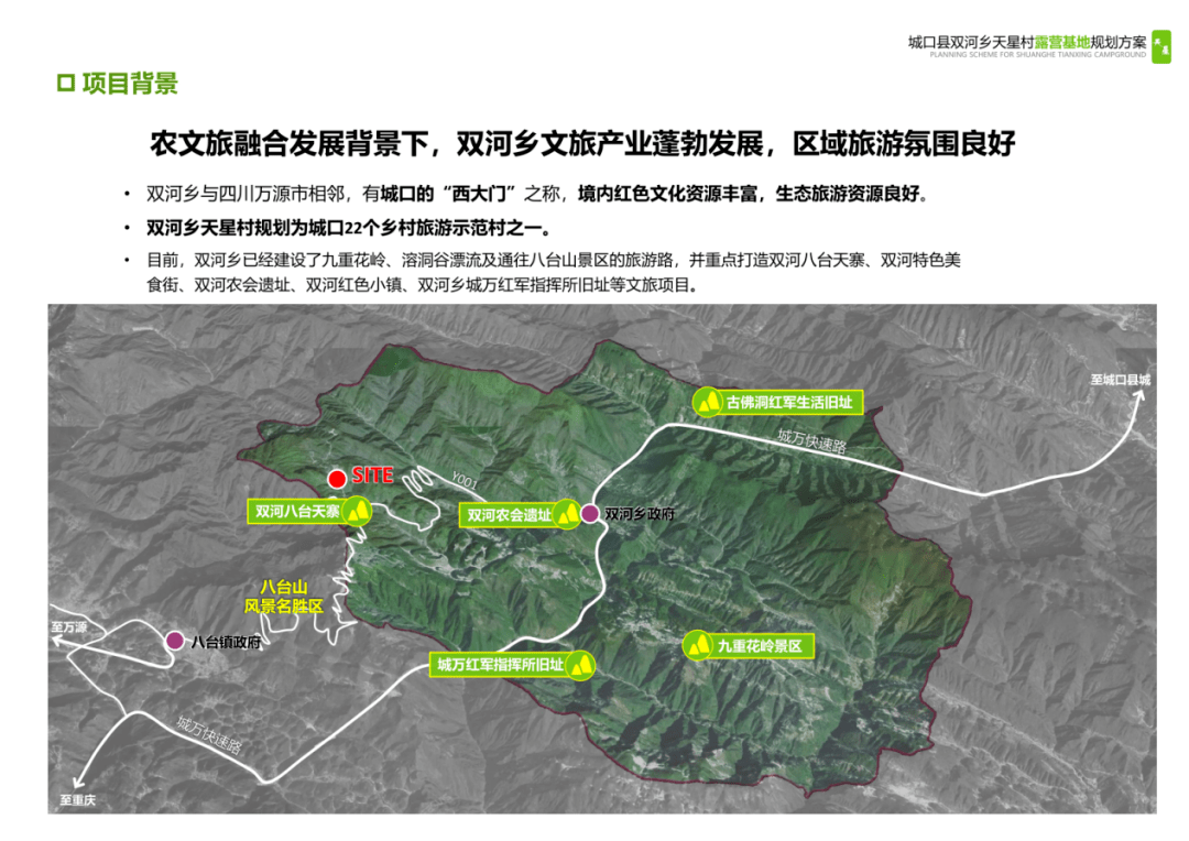 項目地位於天星村5組(小地名龍坪),距雙河鄉場鎮13公里,距萬源八臺山